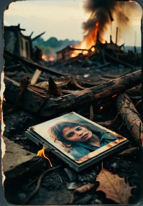 Horror-themed cinematic film frame polaroid photo burning on the ground, night photo, close_up to photo, ordinary day of warfare, (emotional photo of veteran war:1.3), text under picture "PEACE..", scratches on surface, colourful intricate, RAW candid cinema, 16mm, color graded portra 400 film, remarkable color, ultra realistic, textured skin, remarkable detailed pupils, realistic dull skin noise, visible skin detail, skin fuzz, dry skin, shot with cinematic camera ,bokeh, motion blur