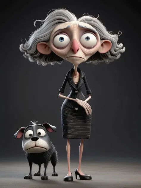 old lady (with big dog:1.2) <lora:Director Tim Burton style:1.2> style by Tim Burton, black cyclo, European and American (cartoon:0.5) game character, 3D character, 1person standing, (full body:1.5), hero pose,exaggerated proportions, intricate character design, sense of nostalgia, exaggerated features, memorable look, consistent, coherent, captivating, (clear eyes:1.2), (highly detailled eyes:1.2), highly detailled hands, detailled floor, textured socle, dusty ground, intricate shoes, occlusion ambiant, ray tracing, hdr, arnold render, 4k, absurdres, hires, xgen, realistic hair, trending on artstation, master piece, intricate, simple darkgrey background, (black background:1.3), (rim lighting:0.3), realistic matte skin, skin texture visible, (sharp focus), (high quality), <lora:xl_more_art-full_v1:0.3>, <lora:br_max-000014:0.3>