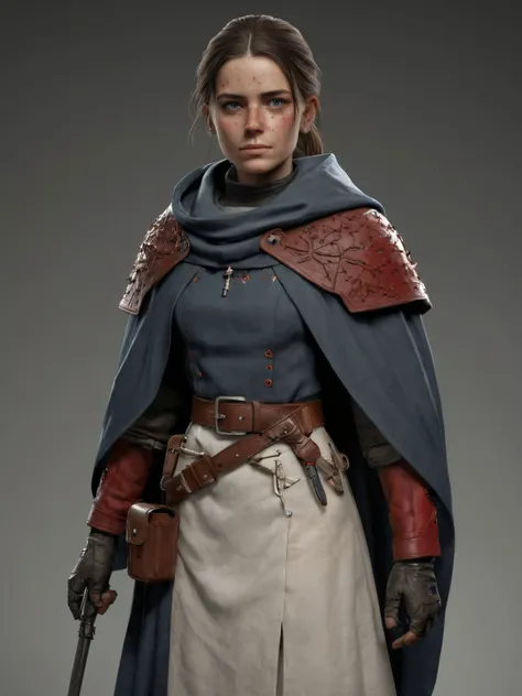 standing nurse of war, templar outfits, ponytail hair, (full body:1.4),( blue eyes:1.12), skinny, thin legs, large hip, thigh gap, intricate belts, (wearing flasks, potion, cloak, accessories,:1.3) , raven plague mask on shoulders, (sunrays:0.2), glowing eyes, intricate runic patterns, (blood on clothes:1.3), flat chests, delicate, dangerous, luscious, thin,deciduous, (freckles:0.741), dirty clothes, thorns, goosebumps, beautiful, tired face, black hair, invert red cross embroidery on intricate bi-colored long dirty brownish white shirt layered, dust, ivory linen fabrics, thorns, (dark background:1.2), brown leather trousers, dirt face, bloody face, rifle on shoulders, wearing sword on hip, <lora:offset_0.2:0.3>, European and American cartoon characters, 3D Character, full hero pose, realistic proportions, character design, hand-drawn drafts,  hand-drawn appearance, strong outline , feature cel-shading, depth and contrast, limited color palette, sense of nostalgia, exaggerated features, memorable look, consistent, coherent,  captivating, 1girl, female focus, <lora:Grungy_Picture_SDXL_V1:0.6> <lora:filmicVibesXL_v1.1:0.6> <lora:bynightPortraits-XL:0.2>, subsurface scattering, arnold render, xgen, trending on artstation, master piece, intricate, black background, rim lighting, 36mm, wide angle