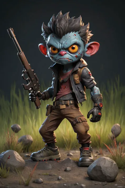3d character, game character, 3d render, trending on artstation, concept, small monster,skinny,scar,blood on clothes,night, subsurface scattering, rim light, dark gradient background, detailled grass and pebbles, rocky ground, holding gun weapon , full body<lora:RPGGoblinXL:0.15> <lora:Grungy_Picture_SDXL_V1:1> <lora:filmicVibesXL_v1.1:1> <lora:bynightPortraits-XL:0.25>