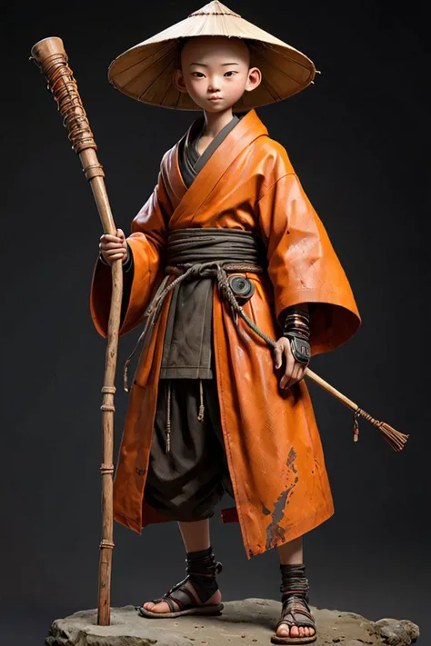 elaborate standing 3d character of a (skinny:0.5) 1boy monk,( full body:1.5), bald, (android:0.4), futuristic, hard surfaces, mecha, robot, cybernetic arm, intricate technology, asian, silicon cuts shells on face, facial parts,3d character, game (cartoon:0.5) character, 3d render, trending on artstation, concept, small, wide angle, 50mm, skinny,scars, blood on clothes, thin, hero pose, deciduous, (freckles:0.741), dirty clothes, rice braided Asian conical hat on shoulders, thorns,goosebumps, gentle face, subtle smiling, cool person, (holding wooden stick:1.3) , full body <lora:Grungy_Picture_SDXL_V1:0.2><lora:bynightPortraits-XL:0.1>, highly detail war armor, orange long cloak, religious warrior, by Laurey Greasley and Takeshi Obata, desire to achieve enlightenment, nirvana, yellow, orange, (cyberpunk:1.2), detailed, realistic, 8k uhd, high quality , metallic roughness, imperfections, decayed metal, wheathered metal, <lora:scifi-vehicles:0.35>, photoshoot, black cyclo, award photography of European and American (hyper realistic:1.3) 3d game characters, 1person, 3D Character, AAA, standing, (full body:1.5), hero pose, casual proportions, intricate character design, hand-drawn drafts, hand-drawn appearance, sense of nostalgia, memorable look, consistent, coherent, captivating, (clear eyes:1.2), (highly detailled eyes:1.2), highly detailled hands, detailled floor, textured socle, dusty ground, intricate shoes, subsurface scattering, occlusion ambiant, ray tracing, hdr, arnold render, 4k, absurdres, hires, xgen, realistic hair, trending on artstation, master piece, intricate, simple darkgrey background, (black background:1.3), (rim lighting:0.3), realistic matte skin, skin texture visible, (sharp focus), (high quality), <lora:xl_more_art-full_v1:0.4>, <lora:br_max-000014:0.4>, shallow depth of field, vignette, highly detailed, high budget, bokeh, cinemascope, moody, epic, gorgeous, film grain, grainy, detailed skin texture, highly detailled fabrics, precise linen, precise bump textures, absurd res textures, high glossy, perfect reflection, intricate surfaces, subsurface scattering, ambiant occlusion, subtle scratchs, imperfections, soft shadow, insane detail, detailled stitches and sews, intricate leather