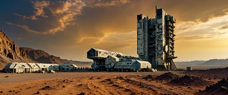 "long shot scenic professional photograph of "side view of the complex desert landscape, cinematic still of the futuristic intricate spacecraft boarding, wheathered paints, large numbers on sides walls, decayed concrete blocks, ridley scott style, occuped base camp, debris, terraform reactors, pipes, oxygen factories, full of people, two vanishing points, gigantic canyon, rocky desert, tumulus, highly detailed, wide-angle lens, hyper realistic, with dramatic yellow sky, large cumulus clouds, acid rain is coming, iridescent geometric (invisible:0.5) defense shield", , perfect viewpoint, highly detailed, wide-angle lens, hyper realistic, with dramatic sky, polarizing filter, natural lighting, vivid colors, everything in sharp focus, HDR, UHD, 64K"