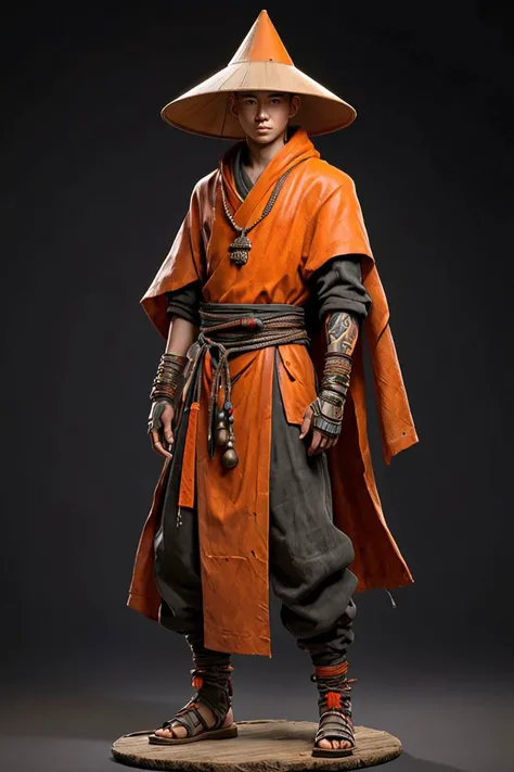 elaborate standing 3d character of a (skinny:0.5) 1boy monk,( full body:1.5), bald, (android:0.4), futuristic, hard surfaces, mecha, robot, cybernetic arm, intricate technology, asian, silicon cuts shells on face, facial parts,3d character, game (cartoon:0.5) character, 3d render, trending on artstation, concept, small, wide angle, 50mm, skinny,scars, blood on clothes, thin, hero pose, deciduous, (freckles:0.741), dirty clothes, rice braided Asian conical hat on shoulders, thorns, goosebumps, gentle face, subtle smiling, cool person, (holding a wooden stick with strings and small bells:1.3) , full body <lora:Grungy_Picture_SDXL_V1:0.2><lora:bynightPortraits-XL:0.1>, highly detail war armor, half side orange long cloak, religious warrior, by Laurey Greasley and Takeshi Obata, desire to achieve enlightenment, nirvana, yellow, orange, (cyberpunk:1.2), detailed, realistic, 8k uhd, high quality , metallic roughness, imperfections, decayed metal, wheathered metal, <lora:scifi-vehicles:0.35>, photoshoot, black cyclo, award photography of European and American (hyper realistic:1.3) 3d game characters, 1person, 3D Character, AAA, standing, (full body:1.5), hero pose, casual proportions, intricate character design, hand-drawn drafts, hand-drawn appearance, sense of nostalgia, memorable look, consistent, coherent, captivating, (clear eyes:1.2), (highly detailled eyes:1.2), highly detailled hands, detailled floor, textured socle, dusty ground, intricate shoes, subsurface scattering, occlusion ambiant, ray tracing, hdr, arnold render, 4k, absurdres, hires, xgen, realistic hair, trending on artstation, master piece, intricate, simple darkgrey background, (black background:1.3), (rim lighting:0.3), realistic matte skin, skin texture visible, (sharp focus), (high quality), <lora:xl_more_art-full_v1:0.4>, <lora:br_max-000014:0.4>, shallow depth of field, vignette, highly detailed, high budget, bokeh, cinemascope, moody, epic, gorgeous, film grain, grainy, detailed skin texture, highly detailled fabrics, precise linen, precise bump textures, absurd res textures, high glossy, perfect reflection, intricate surfaces, subsurface scattering, ambiant occlusion, subtle scratchs, imperfections, soft shadow, insane detail, detailled stitches and sews, intricate leather