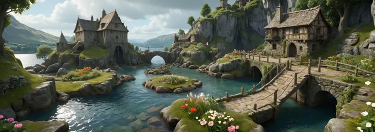isometric 3d art of floating rock citadel, cobblestone, flowers, verdant, stone, moss, fish pool, (waterfall:1.2), cottage, hyper realistic, rope bridges, medieval flags, epic sky clouds, hdr,"detailed skin texture, highly detailled fabrics, precise linen, precise bump textures, absurd res textures, high glossy, perfect reflection, intricate surfaces, subsurface scattering, ambiant occlusion, subtle scratchs, imperfections, soft shadow, insane detail, detailled stitches and sews, intricate leather","glow effects, godrays, Hand drawn, render, 8k, octane render, cinema 4d, blender, dark, atmospheric 4k ultra detailed, cinematic, Sharp focus, big depth of field, Masterpiece, colors, 3d octane render, 4k, concept art, trending on artstation, hyperrealistic, Vivid colors, extremely detailed CG unity 8k wallpaper, trending on CGSociety, Intricate, High Detail, dramatic"