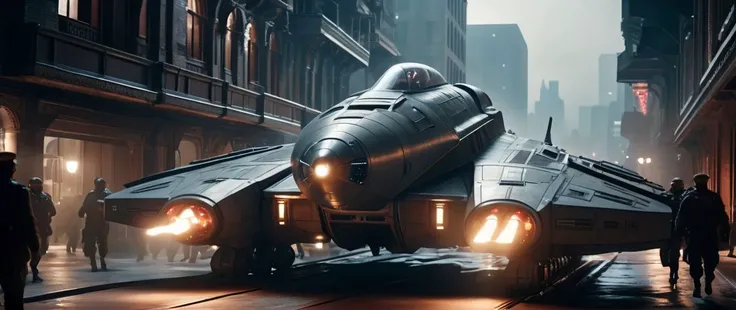 cinematic shot of a sleek spaceship landed, parked in the middle of a intricate dystopian city by night, greebles, crowd evacuation, army guards, secret force agency to prevent crimes against the zone, (volumetric fog:0.5), (volumetric lighting:0.5), landing gear, highly detailed, shallow depth of field, vignette, highly detailed, high budget, bokeh, cinemascope, moody, epic, gorgeous, grainy, , 8k uhd, dslr, soft lighting, high quality, (film_grain:1.2), cinematic style, Leica M4, 50mm f/1.4 lens, f/2.8, ISO 400, 1/125 sec,, detailed skin texture, highly detailled fabrics, precise linen, precise bump textures, absurd res textures, high glossy, perfect reflection, intricate surfaces, subsurface scattering, ambiant occlusion, subtles scratchs, imperfections, soft shadow, insane detail, detailed stitches and sews, intricate leather, opulent fabrics