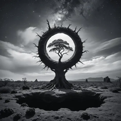 An eye-catching infrared photograph depicting perfect irony <lora:Photographer Reuben Wu Style:0.8> Photographer Reuben Wu Style in black and white, shot with black and white infra film, dark sky, light-toned vegetation, A hollowed-out tree that serves as a portal to another realm