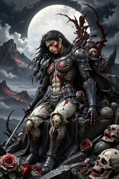berserk, 1girl, solo, dark warrior, long hair, lunar eclipse, blood, destruction, death flowers, armor, Victoria_Frances style AND Kentaro Miura Style, masterpiece, best quality digital artwork, illustrative, highly detailed, yperdetailed, intricate, elegant, super highly detailed, professional digital photo, art station, concept art, 8k, ((devastated, cruel, wounded, agonizing1.39)), ((sitting on a mountain of corpses)), <lora:Victoria_Frances_v2_XL:1>, <lora:Kentaro Miura Style:0,8>