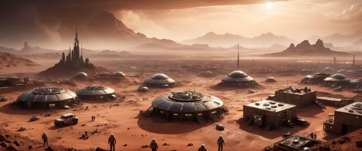 cinematic ground view of eschatological landscape of a futuristic sci fi city on mars, sci fi, (ultra realistic:1.2), (cables, antennas, parabolic receptors on rooftops, conditionning air systems:1.3), holograms, night, terraces, hangars, (full of life:1.2), high resolution, city, view from above, from the ledge, space slums, hyper detailled view, intricate city, atmospheric lighting, high contrast, gigantism, ultra large wide angle, full view, <lora:xl_more_art-full_v1:0.4> <lora:SDS_Contrast tool_XL:0.2>, great composition, rules of third, organic city , dramatic sky, sand storm in background, shallow depth of field, vignette, highly detailed, high budget, bokeh, cinemascope, moody, epic, gorgeous, grainy, , 8k uhd, dslr, soft lighting, high quality, (film_grain:1.2), cinematic style, Leica M4, 50mm f/1.4 lens, f/2.8, ISO 400, 1/125 sec,