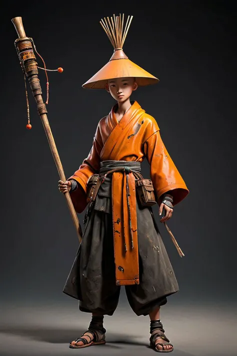 elaborate standing 3d character of a (skinny:0.5) 1boy monk,( full body:1.5), bald, (android:0.4), futuristic, hard surfaces, mecha, robot, cybernetic arm, intricate technology, asian, silicon cuts shells on face, facial parts,3d character, game (cartoon:0.5) character, 3d render, trending on artstation, concept, small, wide angle, 50mm, skinny,scars, blood on clothes, thin, hero pose, deciduous, (freckles:0.741), dirty clothes, rice braided Asian conical hat on shoulders, thorns, goosebumps, gentle face, subtle smiling, cool person, (holding a wooden stick with strings and small bells:1.3) , full body <lora:Grungy_Picture_SDXL_V1:0.2><lora:bynightPortraits-XL:0.1>, highly detail war armor, half side orange long cloak, religious warrior, by Laurey Greasley and Takeshi Obata, desire to achieve enlightenment, nirvana, yellow, orange, (cyberpunk:1.2), detailed, realistic, 8k uhd, high quality , metallic roughness, imperfections, decayed metal, wheathered metal, <lora:scifi-vehicles:0.35>, photoshoot, black cyclo, award photography of European and American (hyper realistic:1.3) 3d game characters, 1person, 3D Character, AAA, standing, (full body:1.5), hero pose, casual proportions, intricate character design, hand-drawn drafts, hand-drawn appearance, sense of nostalgia, memorable look, consistent, coherent, captivating, (clear eyes:1.2), (highly detailled eyes:1.2), highly detailled hands, detailled floor, textured socle, dusty ground, intricate shoes, subsurface scattering, occlusion ambiant, ray tracing, hdr, arnold render, 4k, absurdres, hires, xgen, realistic hair, trending on artstation, master piece, intricate, simple darkgrey background, (black background:1.3), (rim lighting:0.3), realistic matte skin, skin texture visible, (sharp focus), (high quality), <lora:xl_more_art-full_v1:0.4>, <lora:br_max-000014:0.4>, shallow depth of field, vignette, highly detailed, high budget, bokeh, cinemascope, moody, epic, gorgeous, film grain, grainy, detailed skin texture, highly detailled fabrics, precise linen, precise bump textures, absurd res textures, high glossy, perfect reflection, intricate surfaces, subsurface scattering, ambiant occlusion, subtle scratchs, imperfections, soft shadow, insane detail, detailled stitches and sews, intricate leather
