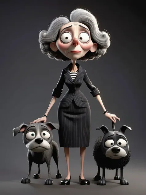 old lady (with big dog:1.2) <lora:Director Tim Burton style:0.8> style by Tim Burton, <lora:Will Eisner Style:0.8> style by Will Eisner, black cyclo, European and American (cartoon:0.5) game character, 3D character, 1person standing, (full body:1.5), hero pose,exaggerated proportions, intricate character design, sense of nostalgia, exaggerated features, memorable look, consistent, coherent, captivating, (clear eyes:1.2), (highly detailled eyes:1.2), highly detailled hands, detailled floor, textured socle, dusty ground, intricate shoes, occlusion ambiant, ray tracing, hdr, arnold render, 4k, absurdres, hires, xgen, realistic hair, trending on artstation, master piece, intricate, simple darkgrey background, (black background:1.3), (rim lighting:0.3), realistic matte skin, skin texture visible, (sharp focus), (high quality), <lora:xl_more_art-full_v1:0.3>, <lora:br_max-000014:0.3>