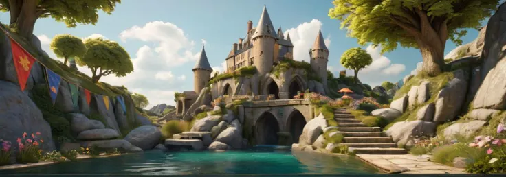 isometric 3d art of floating rock citadel, cobblestone, flowers, verdant, stone, moss, fish pool, (waterfall:1.2), cottage, hyper realistic, rope bridges, medieval flags, epic sky clouds, hdr,"detailed skin texture, highly detailled fabrics, precise linen, precise bump textures, absurd res textures, high glossy, perfect reflection, intricate surfaces, subsurface scattering, ambiant occlusion, subtle scratchs, imperfections, soft shadow, insane detail, detailled stitches and sews, intricate leather","glow effects, godrays, Hand drawn, render, 8k, octane render, cinema 4d, blender, dark, atmospheric 4k ultra detailed, cinematic, Sharp focus, big depth of field, Masterpiece, colors, 3d octane render, 4k, concept art, trending on artstation, hyperrealistic, Vivid colors, extremely detailed CG unity 8k wallpaper, trending on CGSociety, Intricate, High Detail, dramatic"