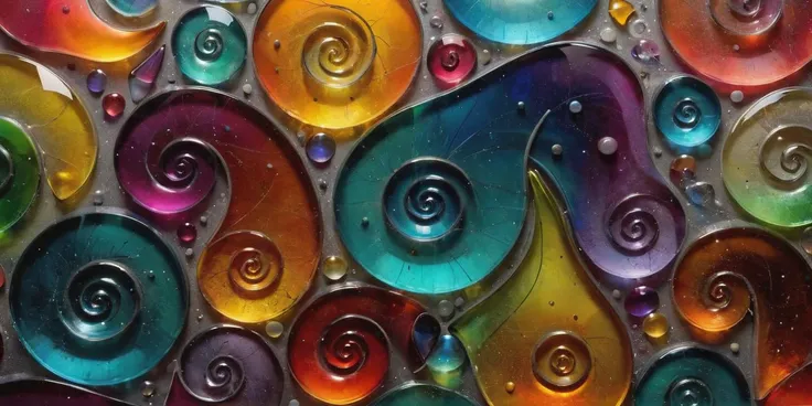 Abstract shapes. Translucent vividly colored glass. Spirals and tiny dots. Abstract art masterpiece. Extremely detailed, tiny. <lora:add-detail-xl:3>
