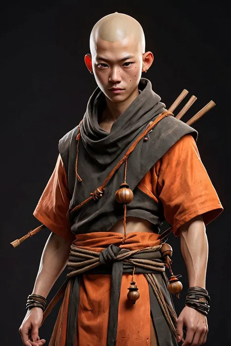 elaborate standing 3d character of a (skinny:0.5) 1boy monk,( full body:1.5), bald, (android:0.4), futuristic, hard surfaces, mecha, robot, intricate technology, asian, silicon cuts shells on face, facial parts,3d character, game (cartoon:0.5) character, 3d render, trending on artstation, concept, small, wide angle, 50mm, skinny,scars, blood on clothes, thin, hero pose, deciduous, (freckles:0.741), dirty clothes, thorns,goosebumps, gentle face, subtle smiling, cool person, (holding wooden stick:1.3) , full body <lora:Grungy_Picture_SDXL_V1:0.2><lora:bynightPortraits-XL:0.1>, highly detail war armor, orange long cloak, religious warrior, by Laurey Greasley and Takeshi Obata, desire to achieve enlightenment, nirvana, yellow, orange, (cyberpunk:1.2), detailed, realistic, 8k uhd, high quality , metallic roughness, imperfections, decayed metal, wheathered metal, <lora:scifi-vehicles:0.35>, photoshoot, black cyclo, award photography of European and American (hyper realistic:1.3) 3d game characters, 1person, 3D Character, AAA, standing, (full body:1.5), hero pose, casual proportions, intricate character design, hand-drawn drafts, hand-drawn appearance, sense of nostalgia, memorable look, consistent, coherent, captivating, (clear eyes:1.2), (highly detailled eyes:1.2), highly detailled hands, detailled floor, textured socle, dusty ground, intricate shoes, subsurface scattering, occlusion ambiant, ray tracing, hdr, arnold render, 4k, absurdres, hires, xgen, realistic hair, trending on artstation, master piece, intricate, simple darkgrey background, (black background:1.3), (rim lighting:0.3), realistic matte skin, skin texture visible, (sharp focus), (high quality), <lora:xl_more_art-full_v1:0.4>, <lora:br_max-000014:0.4>, shallow depth of field, vignette, highly detailed, high budget, bokeh, cinemascope, moody, epic, gorgeous, film grain, grainy, detailed skin texture, highly detailled fabrics, precise linen, precise bump textures, absurd res textures, high glossy, perfect reflection, intricate surfaces, subsurface scattering, ambiant occlusion, subtle scratchs, imperfections, soft shadow, insane detail, detailled stitches and sews, intricate leather