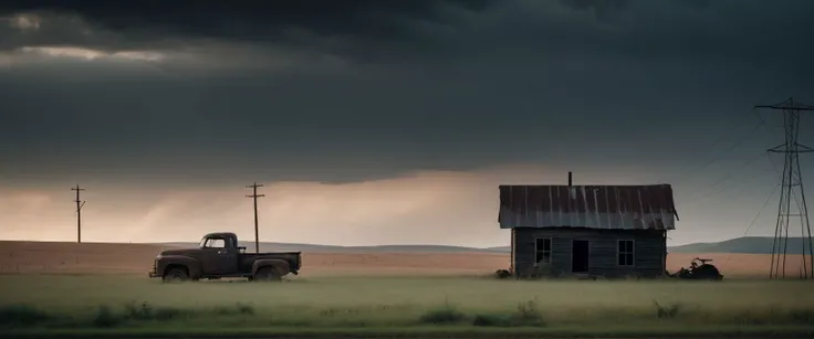 small and isolated farm house in a big dry hill fields, dark mood, telegraph poles, cinematic view, large wind traces on grass, abandonned life, decay truck, peaceful zombies, shallow depth of field, vignette, highly detailed, high budget, bokeh, cinemascope, moody, epic, gorgeous, grainy, , 8k uhd, dslr, soft lighting, high quality, (film_grain:1.2), cinematic style, Leica M4, 50mm f/1.4 lens, f/2.8, ISO 400, 1/125 sec,