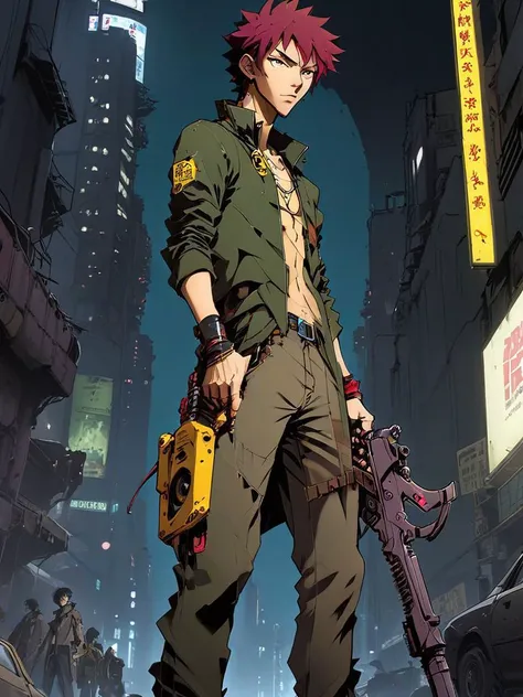 cyberpunk cowboy, cowboy bebop, akira, albator, complexe outfits, extravagants assets, large mechanical googles, rococo clothes, small, 1person, (full body:1.4), wide angle, 22mm, skinny,scars, blood on clothes,night, thin, hero pose, deciduous, (freckles:0.741), dirty clothes, thorns,goosebumps, gentle face, subtle smiling, cool person, (holding weapon:1.3) , full body<lora:RPGGoblinXL:0.05>, comics render, illustration, 2d character, (<lora:mhk_comics:1>), flat render, outline, master piece, intricate, (simple background, black background:1.5), rim lighting, dimlight