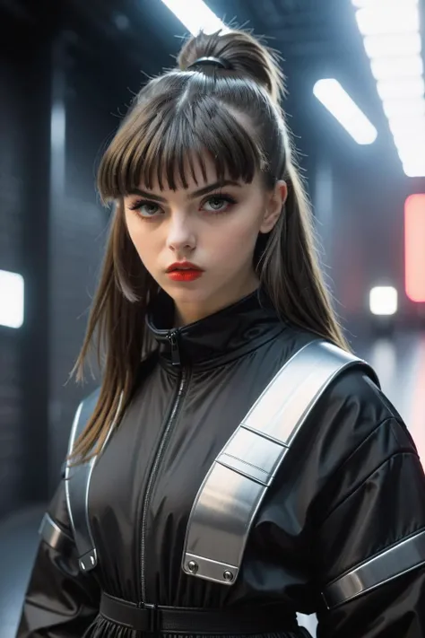 fashion editorial style, photo of 18 years fashion victim facing the camera, fashion week event, (shot from waist up:1.2), (Urban sports techwear outfit:1.45), long hair and bangs, tooth gap, snub nose, serious, (puffy sharp eyes:1.15), downward-turned lips, fashion week background, background flashlight rises, dynamic pose, high detailed natural nails, looks serious, Emotional facial expression and pose, (slightly open mouth:1.25) wide lips.
high fashion, trendy, stylish, editorial, magazine style, professional, highly detailed, gorgeous, elegant, sophisticated, high-end, luxurious,.
medium volumetric spotlight, high reflection, (indirect backlighting:0.9), Slightly worn environment, atomic age, vibrant, highly detailed.