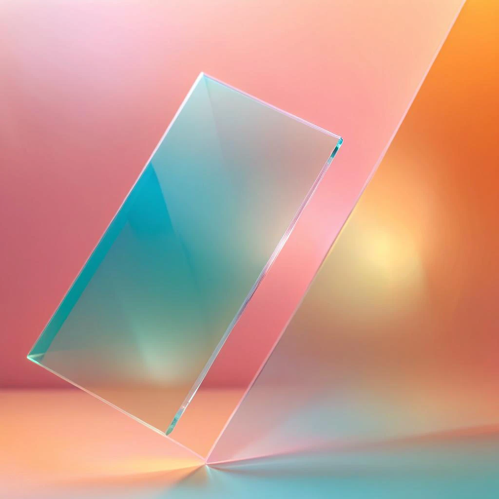 Amazing depth of field of macro minimalistic matte glass. Cropped macro abstract minimalist composition featuring transparent acrylic or matte glass panel reflecting light. The panel are tinted in pastel shades of pink, orange, yellow, green and turquoise, creating gradients and light effects. The background has smooth color transitions that emphasize the transparency of the materials. Realistic lighting and shadows to convey depth and volume