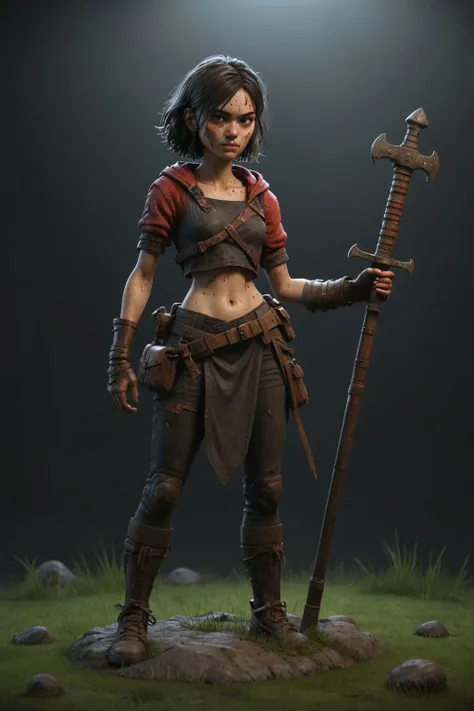 3d character, game character, 3d render, trending on artstation, fantasy concept, pretty face, small monster,skinny,scar,blood on medieval clothes,night, subsurface scattering, rim light, dark gradient background, detailled socle, grass and pebbles, rocky ground,  holding weapon , full body, 16mm, <lora:RPGGoblinXL:0.15> <lora:Grungy_Picture_SDXL_V1:1> <lora:filmicVibesXL_v1.1:1> <lora:bynightPortraits-XL:0.25>