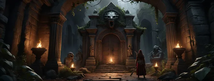 ((masterpiece:1.3,concept art,best quality,detailed)),1girl, gypsy, priest, shaman, rogue,  heroic pose, 1girl, explorer holding a torchlight facing to asymetrical rocky black monster statues, intricate assembly, holding weapon, ivy on walls, ivy on statue, action pose, dynamic composition, bas-relief, lateral statues, oil,award winning illustration, game asset, hell's door, intricate design, dante inferno, entry door, wooden carved shaped door, roots, with statue surrounding, dark atmosphere, dim light, dark fantasy, hyper detailed architecture , wide angle, archs, masterpiece, trending on artstation, wonderful composition, rules of third, leaves on the ground, deserted place, debris, detailed skin texture, highly detailled fabrics, precise linen, precise bump textures, absurd res textures, high glossy, perfect reflection, intricate surfaces, subsurface scattering, ambiant occlusion, subtles scratchs, imperfections, soft shadow, insane detail, detailed stitches and sews, intricate leather, opulent fabrics, shallow depth of field, vignette, highly detailed, high budget, bokeh, cinemascope, moody, epic, gorgeous, grainy, , 8k uhd, dslr, soft lighting, high quality, (film_grain:1.2), cinematic style, Leica M4,  50mm f/1.4 lens, f/2.8, ISO 400, 1/125 sec,