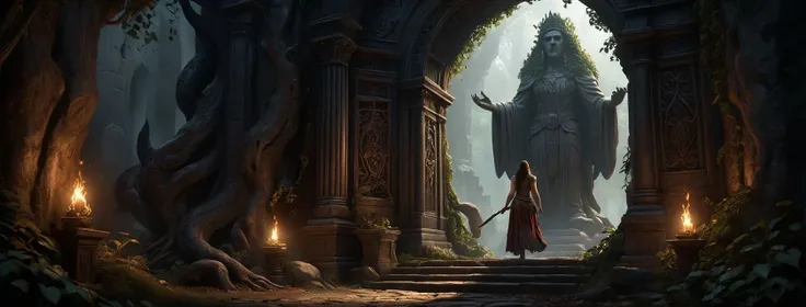 ((masterpiece:1.3,concept art,best quality,detailed)),1girl, gypsy, priest, shaman, rogue,  heroic pose, 1girl, explorer holding a torchlight facing to asymetrical rocky black monster statues, intricate assembly, holding weapon, ivy on walls, ivy on statue, action pose, dynamic composition, bas-relief, lateral statues, oil,award winning illustration, game asset, hell's door, intricate design, dante inferno, entry door, wooden carved shaped door, roots, with statue surrounding, dark atmosphere, dim light, dark fantasy, hyper detailed architecture , wide angle, archs, masterpiece, trending on artstation, wonderful composition, rules of third, leaves on the ground, deserted place, detailed skin texture, highly detailled fabrics, precise linen, precise bump textures, absurd res textures, high glossy, perfect reflection, intricate surfaces, subsurface scattering, ambiant occlusion, subtles scratchs, imperfections, soft shadow, insane detail, detailed stitches and sews, intricate leather, opulent fabrics, shallow depth of field, vignette, highly detailed, high budget, bokeh, cinemascope, moody, epic, gorgeous, grainy, , 8k uhd, dslr, soft lighting, high quality, (film_grain:1.2), cinematic style, Leica M4,  50mm f/1.4 lens, f/2.8, ISO 400, 1/125 sec,