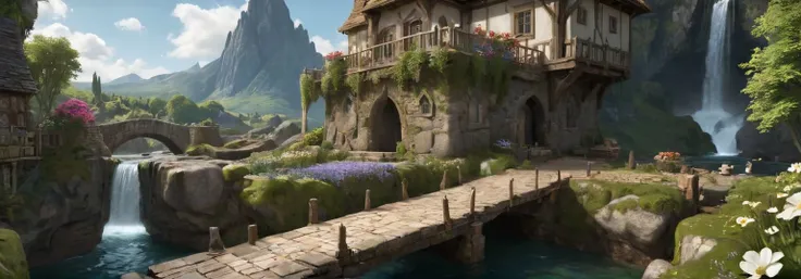 isometric 3d art of floating rock citadel, cobblestone, flowers, verdant, stone, moss, fish pool, (waterfall:1.2), cottage, hyper realistic, rope bridges, medieval flags, epic sky clouds, hdr,"detailed skin texture, highly detailled fabrics, precise linen, precise bump textures, absurd res textures, high glossy, perfect reflection, intricate surfaces, subsurface scattering, ambiant occlusion, subtle scratchs, imperfections, soft shadow, insane detail, detailled stitches and sews, intricate leather","glow effects, godrays, Hand drawn, render, 8k, octane render, cinema 4d, blender, dark, atmospheric 4k ultra detailed, cinematic, Sharp focus, big depth of field, Masterpiece, colors, 3d octane render, 4k, concept art, trending on artstation, hyperrealistic, Vivid colors, extremely detailed CG unity 8k wallpaper, trending on CGSociety, Intricate, High Detail, dramatic"