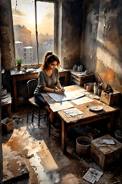 dark and moody atmosphere, a tired girl after work, dirty apartment, a mess, disheveled hair, dirty t-shirt, visible paper structure, watercolor style painting, visible paper texture, auburn hairs, from above, watercolor painting, beautiful, painterly, detailed, textural, artistic, absurdres, masterpiece, 8k, high detail, intricate, best quality, vibrant, <lora:zavy-lqdprtrt-sdxl:0.7>, <lora:Desolation:0.3>