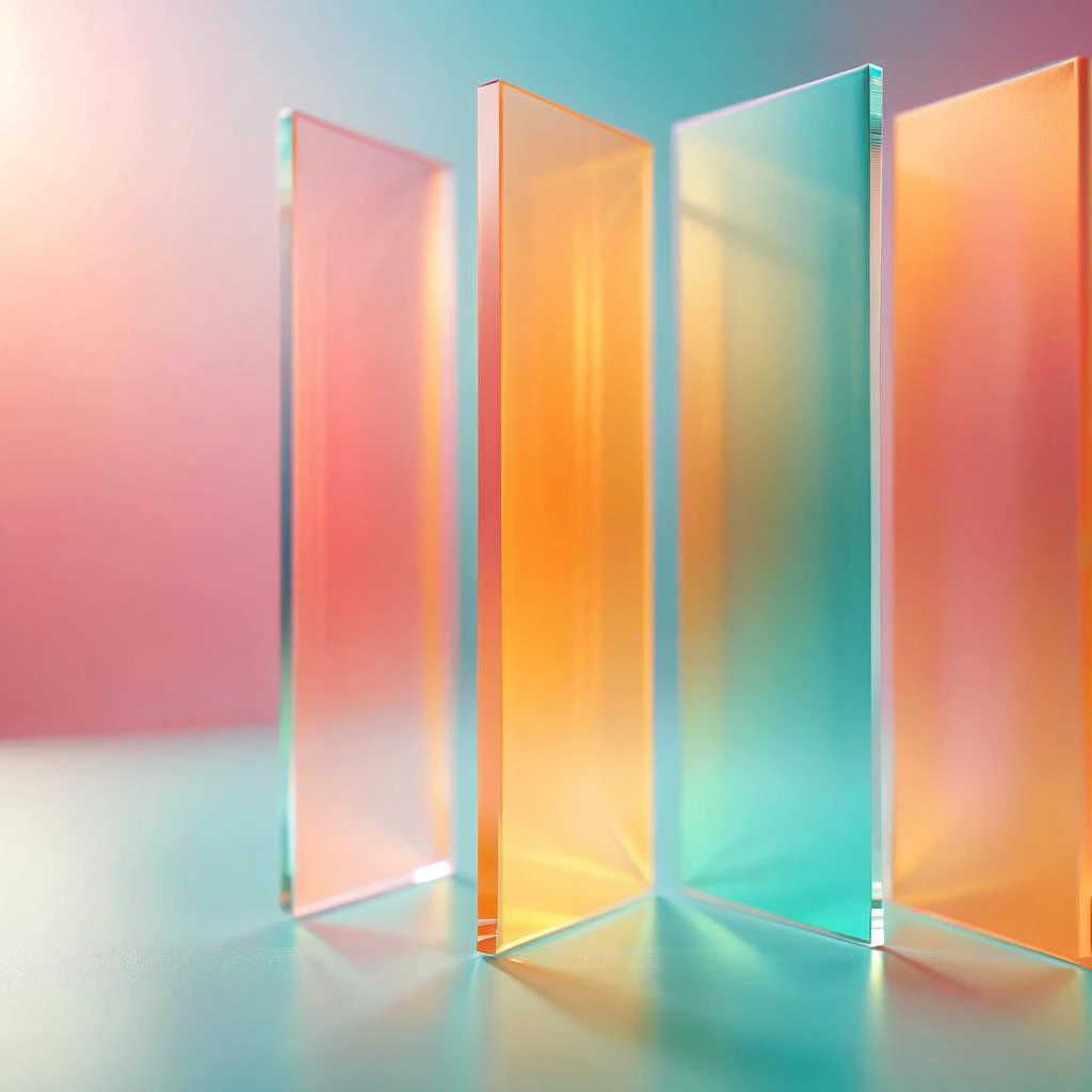 Amazing depth of field of macro minimalistic matte glass. Cropped macro abstract minimalist composition featuring transparent acrylic or matte glass panel reflecting light. The panel are tinted in pastel shades of pink, orange, yellow, green and turquoise, creating gradients and light effects. The background has smooth color transitions that emphasize the transparency of the materials. Realistic lighting and shadows to convey depth and volume