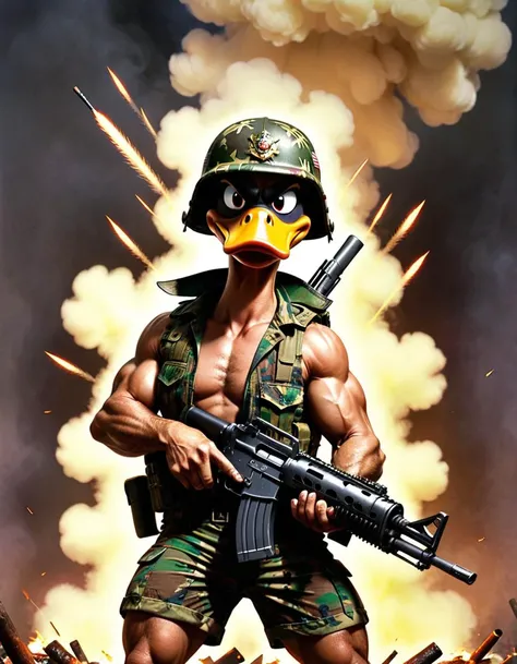 a rough funny (color comic drawing:1.2) of a hardcore duck, wings, feathers, wearing a vietnam era us marine camo helmet and open sleeveless camo shirt and (tight short shorts:1.1), firing a heavy machine gun, smoking a big cigar, looking aggressively at the viewer, dark disney style, corben style, (parody:1.1)