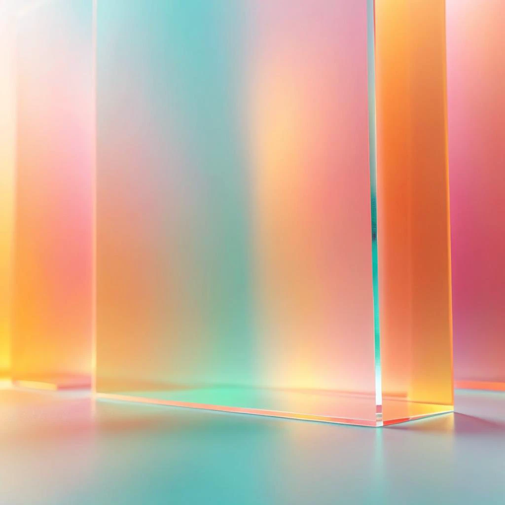 Amazing depth of field of macro minimalistic matte glass. Cropped macro abstract minimalist composition featuring transparent acrylic or matte glass panel reflecting light. The panel are tinted in pastel shades of pink, orange, yellow, green and turquoise, creating gradients and light effects. The background has smooth color transitions that emphasize the transparency of the materials. Realistic lighting and shadows to convey depth and volume