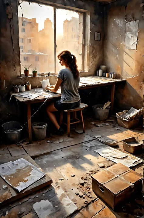dark and moody atmosphere, a tired girl after work, dirty apartment, a mess, disheveled hair, dirty t-shirt, visible paper structure, watercolor style painting, visible paper texture, auburn hairs, from behind, watercolor painting, beautiful, painterly, detailed, textural, artistic, absurdres, masterpiece, 8k, high detail, intricate, best quality, vibrant, <lora:zavy-lqdprtrt-sdxl:0.7>, <lora:Desolation:0.3>