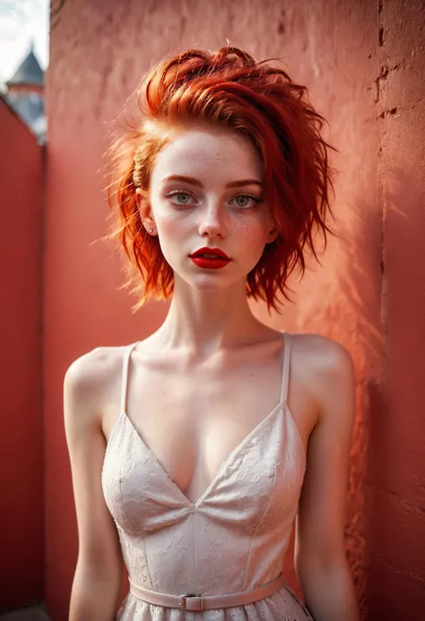 (masterpiece, high quality, fisheye:1.2), (close-up portrait:1.1), solo, model photoshoot, (red theme:1.1), a stylish girl, red hair, mohawk hair cut, silver eyes, red lipstick, red eye shadow, blush, (freckles:0.7), (european, 22 years old:1.3), sexy, pure innocence, (light smile:0.8), whore vibe, in love, simple red dress, cleavage, detailed natural skin texture, seductive gaze, detailed lighting, (red:1.1) wall background, shallow depth of field, romantic setting, dreamy pastel palette, whimsical details, captured on film, nsfw, (intricate details:0.5)
