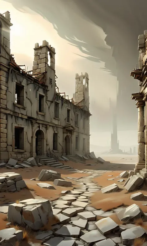 Wide angle surreal digital painting, (Old stone buildings in a desolate landscape:1.3), Chaotic composition, Broken structures, Abandoned relics, (Dreamlike haze:1.2), Barren atmosphere, Weathered stones, Mysterious allure, Surreal lighting, (Fantastical elements:1.2), Detailed digital brushwork