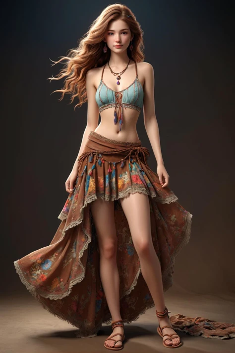 3d character, trending on artstation, photo of cute beautiful(((20 years old))), sexy, cute, (extremely detailed CG unity 8k wallpaper), most beautiful artwork in the world, professional majestic, dramatic, (((wearing colorful_hippie_dress))), (looking at viewer:1.2), (detailed pupils:1.3), (natural light), (masterpiece award winning), RAW analog , floral print dress(intricate details:1.1) , candid ,woodstok, long hair braids, hippie hair cut, hanged shirt on nude breasts, small breasts, petite, country girl, happy, excentric, downblouse, freckles, analog, sandals, crazyness, seductive, audacious, layered excentric clothes, opulent fabrics, intricate details, linen, macrame, makeup, (necklaces:1.4), pearl straps on arm, straps, feathers earrings, ribbons,, dirty clothes in the wind,full body, perky breasts, small breasts, thorns, flowered skirt, long colored shirt, layered and intricate hippie clothes, sandals, messy hair, side asymetrical long dress, vivid colors, saturate colors, casual 70s clothes, (simple brown background:1.3), gradient, photoshoot, black cyclo, award photography of European and American (hyper realistic:1.3) 3d game characters, 1person, 3D Character, AAA, standing, (full body:1.5), hero pose, casual proportions, intricate character design, hand-drawn drafts, hand-drawn appearance, sense of nostalgia, memorable look, consistent, coherent, captivating, (clear eyes:1.2), (highly detailled eyes:1.2), highly detailled hands, detailled floor, textured socle, dusty ground, intricate shoes, subsurface scattering, occlusion ambiant, ray tracing, hdr, arnold render, 4k, absurdres, hires, xgen, realistic hair, trending on artstation, master piece, intricate, simple darkgrey background, (black background:1.3), (rim lighting:0.3), realistic matte skin, skin texture visible, (sharp focus), (high quality), <lora:xl_more_art-full_v1:0.4>, <lora:br_max-000014:0.4>, shallow depth of field, vignette, highly detailed, high budget, bokeh, cinemascope, moody, epic, gorgeous, grainy, , 8k uhd, dslr, soft lighting, high quality, (film_grain:1.2),, detailed skin texture, highly detailled fabrics, precise linen, precise bump textures, absurd res textures, high glossy, perfect reflection, intricate surfaces, subsurface scattering, ambiant occlusion, subtles scratchs, imperfections, soft shadow, insane detail, detailed stitches and sews, intricate leather, opulent fabrics