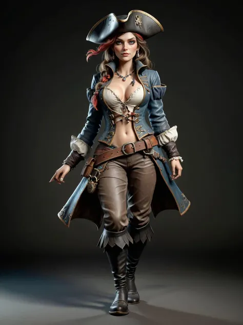 gorgeous pirate woman standing, (full body:1.5), hero pose,exaggerated proportions, intricate character design, sense of nostalgia, exaggerated features, memorable look, consistent, coherent, captivating, (clear eyes:1.2), (highly detailled eyes:1.2), highly detailled hands, detailled floor, textured socle, dusty ground, intricate shoes, master piece, intricate, comics render, illustration, 2d character, , flat render, outline, master piece, intricate, (simple background, black background:1.5), rim lighting, dimlight,"detailed skin texture, highly detailled fabrics, precise linen, precise bump textures, absurd res textures, high glossy, perfect reflection, intricate surfaces, subsurface scattering, ambiant occlusion, subtle scratchs, imperfections, soft shadow, insane detail, detailled stitches and sews, intricate leather"