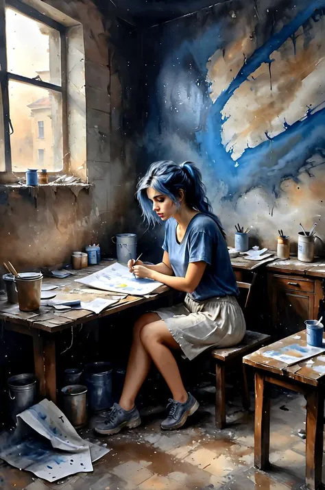dark and moody atmosphere, a tired girl after work, dirty apartment, a mess, disheveled hair, dirty t-shirt, visible paper structure, watercolor style painting, visible paper texture, blue hairs, dutch angle, watercolor painting, beautiful, painterly, detailed, textural, artistic, absurdres, masterpiece, 8k, high detail, intricate, best quality, vibrant, <lora:zavy-lqdprtrt-sdxl:0.7>, <lora:Desolation:0.3>