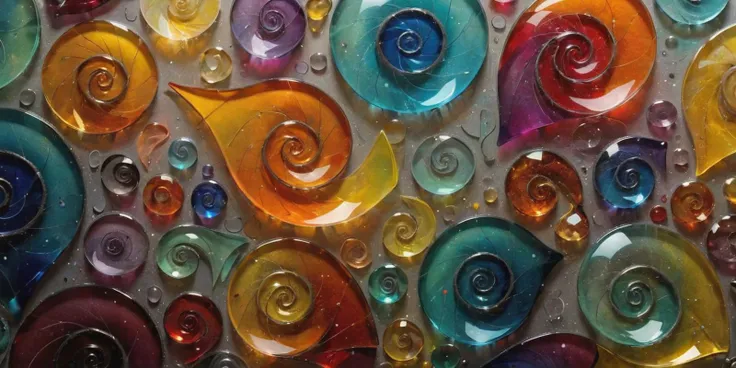 Abstract shapes. Translucent vividly colored glass. Spirals and tiny dots. Abstract art masterpiece. Extremely detailed, tiny. <lora:add-detail-xl:3>