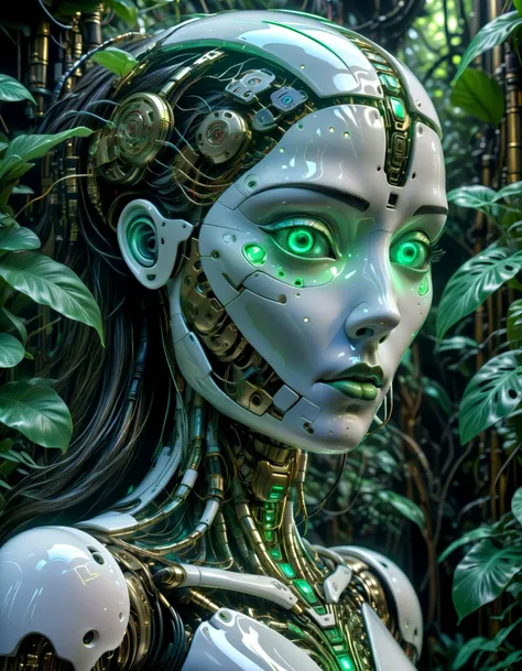 close up she elegant luxury android, robot, (liquid illumination:1.15), Jade Jungle, vibrant emerald foliage, exotic flora and fauna, neon glows peeking through the green canopy, bioluminescent creatures, mysterious tribal markings.,(translucent:1.15), living machinery, (cracked:0.7), mechanical parts, electrical cables, white porcelan head ,hyperrealistic, photorealistic,
