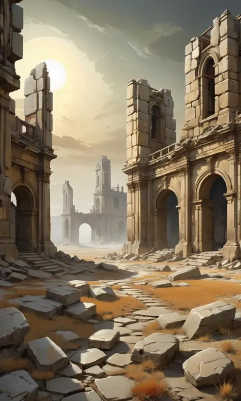 surreal painting representing strange vision of Wide angle surreal digital painting, (Old stone buildings in a desolate landscape:1.3), Chaotic composition, Broken structures, Abandoned relics, (Dreamlike haze:1.2), Barren atmosphere, Weathered stones, Mysterious allure, Surreal lighting, (Fantastical elements:1.2), Detailed digital brushwork. harmonious madness, synergy with chance. unique artstyle, mindbending art, magical surrealism. best quality, high resolution, Surrealism, Wide angle surreal digital painting, (Old stone buildings in a desolate landscape:1.3), Chaotic composition, Broken structures, Abandoned relics, (Dreamlike haze:1.2), Barren atmosphere, Weathered stones, Mysterious allure, Surreal lighting, (Fantastical elements:1.2), Detailed digital brushwork, expressive, dramatic, organic lines and forms, dreamlike and mysterious, Surrealism