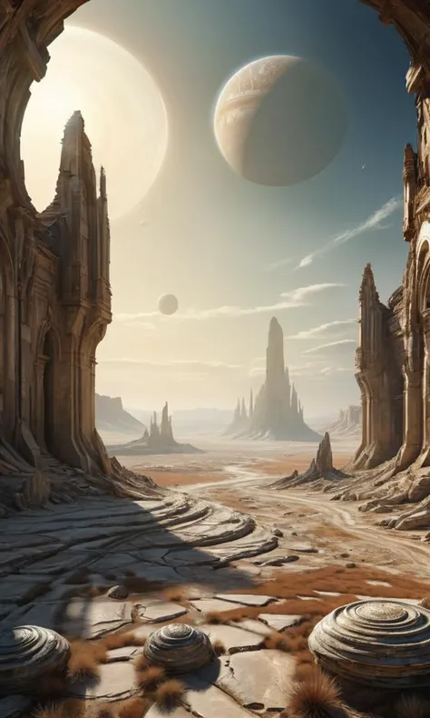 surreal painting representing strange vision of Wide angle surreal landscape, (Barren stone planet with dreamlike architecture:1.3), Abandoned structures, Ruined facades, (Mystical atmosphere:1.2), Broken remnants, Desolate beauty, (Random elements:1.2), Ethereal lighting, Otherworldly charm. harmonious madness, synergy with chance. unique artstyle, mindbending art, magical surrealism. best quality, high resolution, Surrealism, Wide angle surreal landscape, (Barren stone planet with dreamlike architecture:1.3), Abandoned structures, Ruined facades, (Mystical atmosphere:1.2), Broken remnants, Desolate beauty, (Random elements:1.2), Ethereal lighting, Otherworldly charm, expressive, dramatic, organic lines and forms, dreamlike and mysterious, Surrealism, Wide angle surreal landscape, (Barren stone planet with dreamlike architecture:1.3), Abandoned structures, Ruined facades, (Mystical atmosphere:1.2), Broken remnants, Desolate beauty, (Random elements:1.2), Ethereal lighting, Otherworldly charm, divine illumination, pure light, beautiful detailed, stunning intricate highly enhanced quality