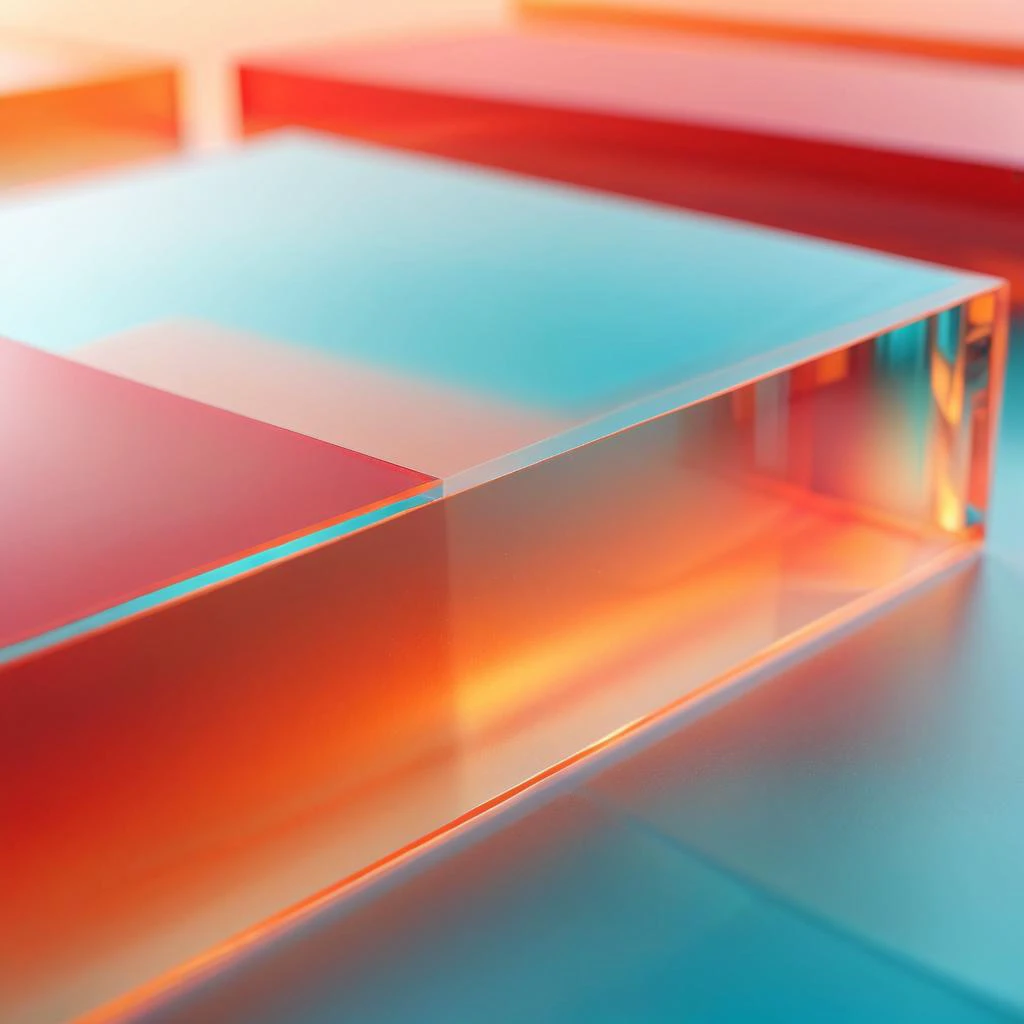 Amazing depth of field of macro minimalistic matte glass. Cropped macro abstract minimalist composition featuring transparent acrylic or matte glass panel reflecting light. The panel are tinted in pastel shades of orange, aqua, aqua and red, creating gradients and light effects. The background has smooth color transitions that emphasize the transparency of the materials. Realistic lighting and shadows to convey depth and volume