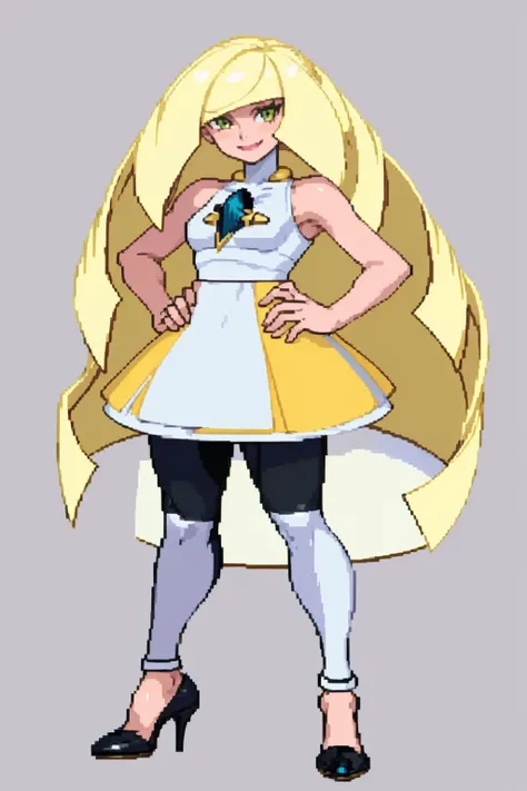 masterpiece, best quality, solo, 1girl, looking at viewer, smile, <lora:lusamine-pokemon-richy-v1:1>, lusaminedef, mature female, very long hair, gem, sleeveless dress, short dress, white leggings, high heels, <lora:Cps2V3test_Fp:0.8>, full body, simple background, standing, hands on hips,