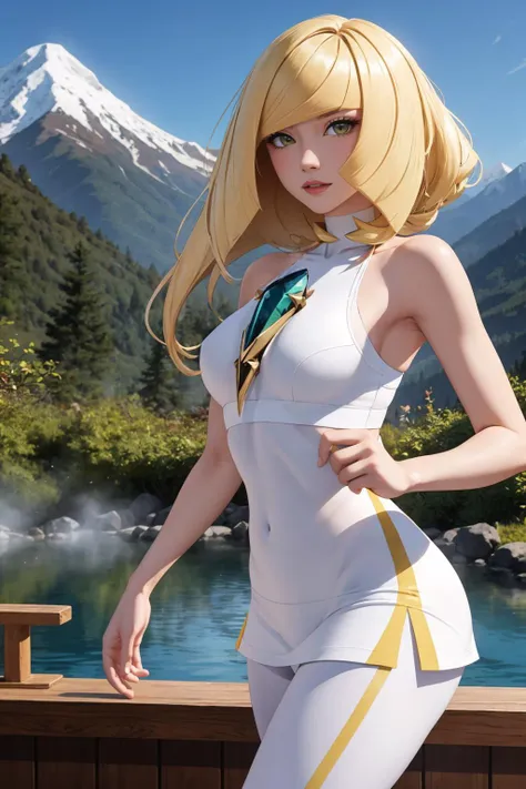 masterpiece, best quality, <lora:lusamine-pokemon-richy-v1:.9> lusaminedef, mature female, very long hair, gem, sleeveless dress, short dress, white leggings,, mountains, onsen,