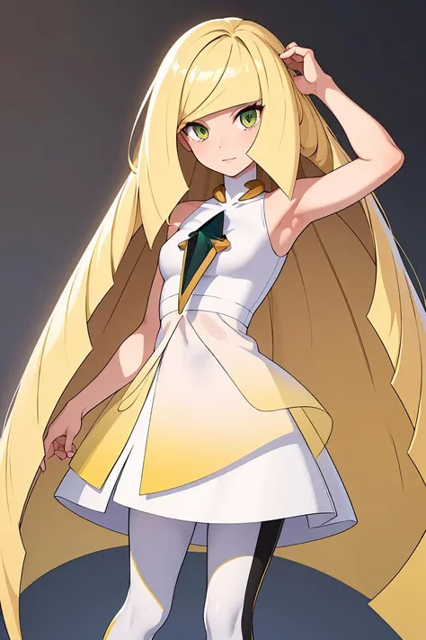 (masterpiece, best quality), 1girl,  <lora:lusamine-pokemon-richy-v1:1> lusaminedef, mature female, very long hair, gem, sleeveless dress, short dress, white leggings