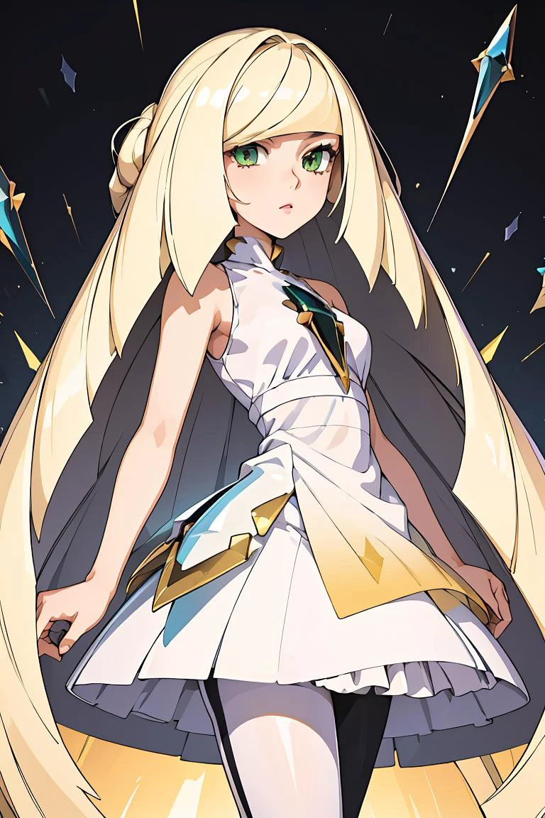 (masterpiece, best quality), 1girl, <lora:lusamine-pokemon-richy-v1:1> lusaminedef, mature female, very long hair, gem, sleeveless dress, short dress, white leggings