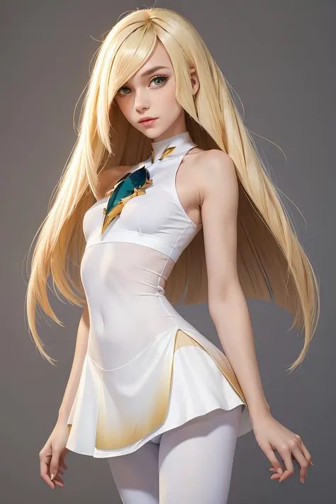 (masterpiece, best quality), 1girl,  <lora:lusamine-pokemon-richy-v1:1> lusaminedef, mature female, very long hair, gem, sleeveless dress, short dress, white leggings