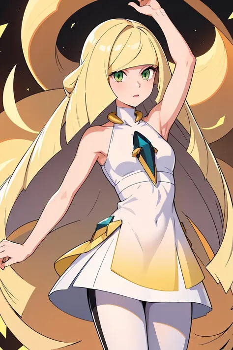 (masterpiece, best quality), 1girl,  <lora:lusamine-pokemon-richy-v1:1> lusaminedef, mature female, very long hair, gem, sleeveless dress, short dress, white leggings