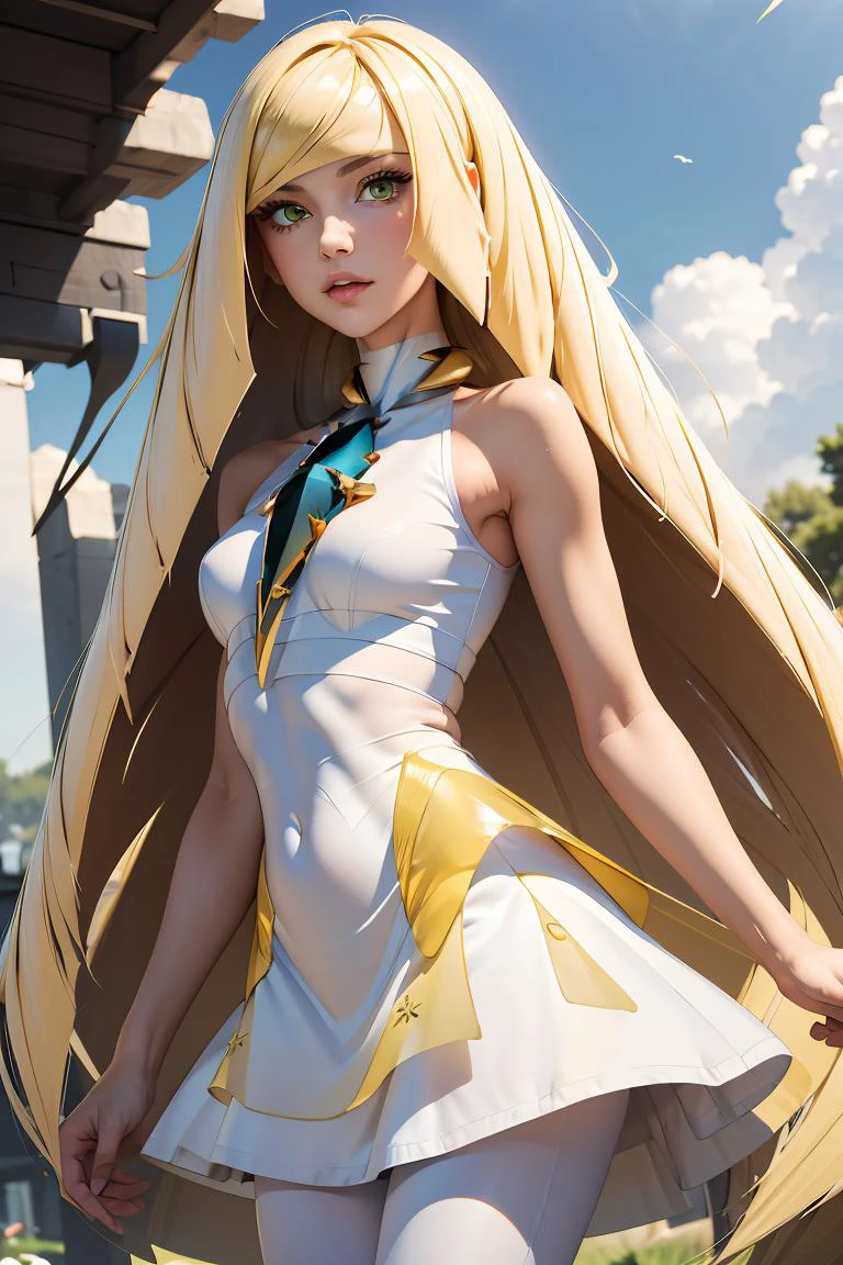 (masterpiece, best quality), 1girl, <lora:lusamine-pokemon-richy-v1:1> lusaminedef, mature female, very long hair, gem, sleeveless dress, short dress, white leggings