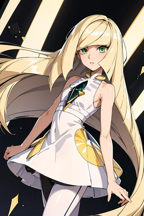 (masterpiece, best quality), 1girl,  <lora:lusamine-pokemon-richy-v1:1> lusaminedef, mature female, very long hair, gem, sleeveless dress, short dress, white leggings