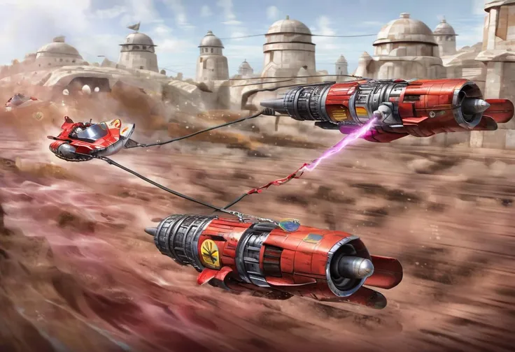 podracing, red vehicle, best quality, highly detailed, water background,  <lora:podracing_sdxl_15_1:1>