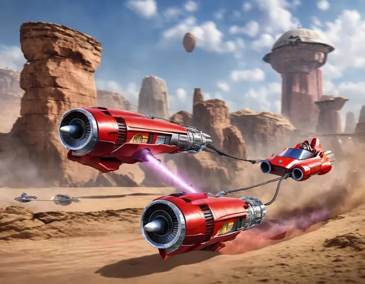 podracing, red vehicle, best quality, highly detailed, desert background, <lora:podracing_sdxl_15:0.9>